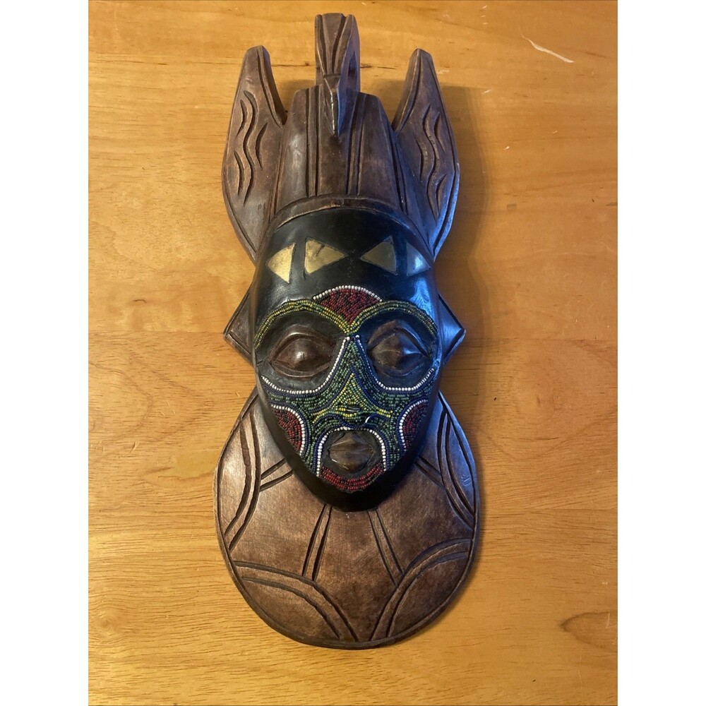 Vintage Ashanti Tribal Beaded Hand Carved Wooden Mask Ghana Brass Inlay Folk Art